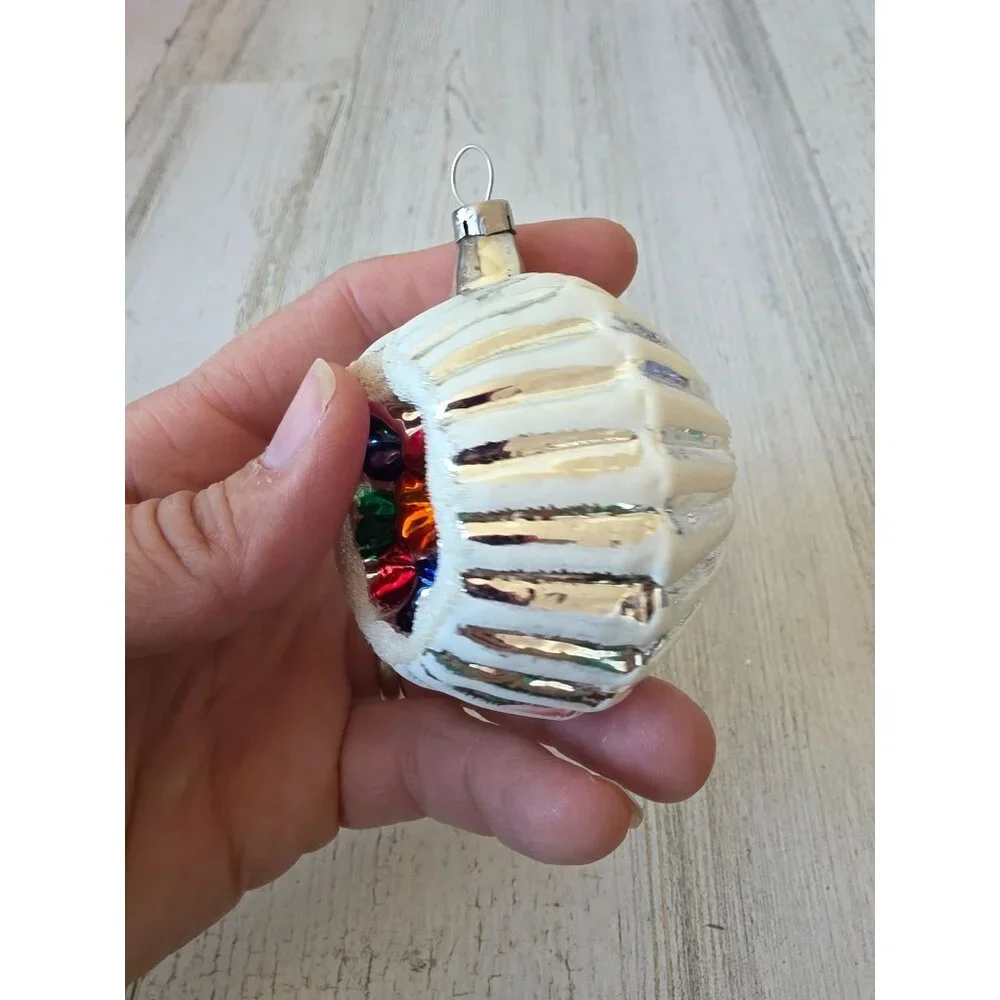 Vintage Czech flocked indent colorful white ornament Xmas‎ tree